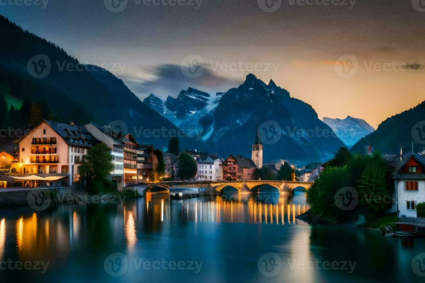 el pueblo de hallstatt, Austria, a oscuridad. generado por ai foto