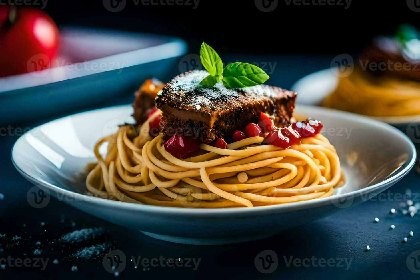 spaghetti with meat and pomegranate on a plate. AI-Generated photo
