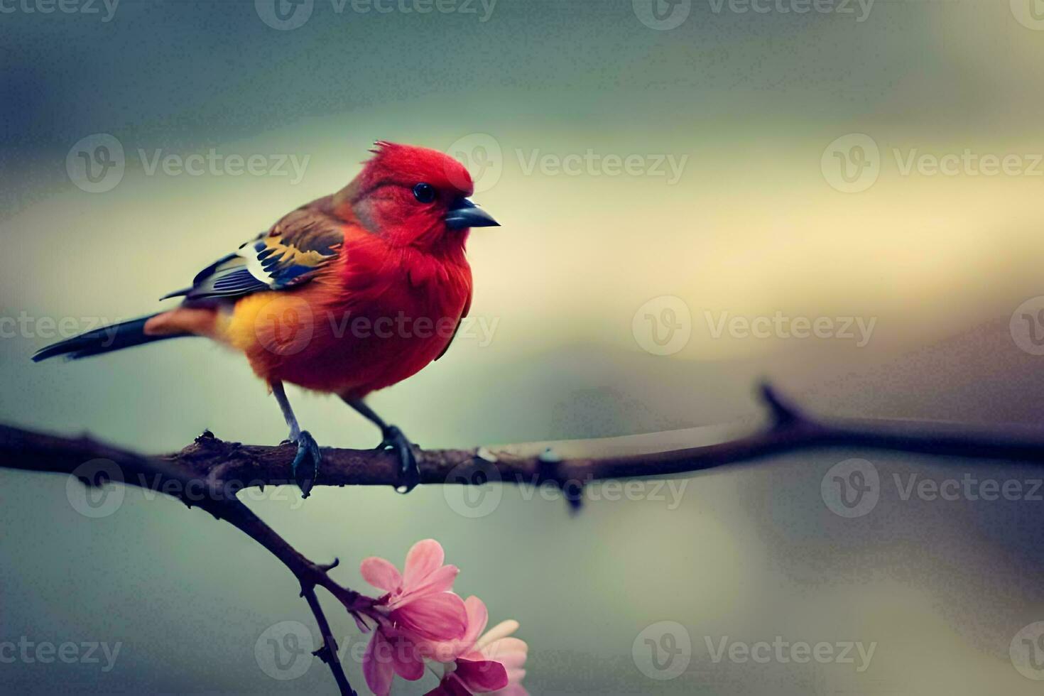 a red bird sits on a branch with pink flowers. AI-Generated photo