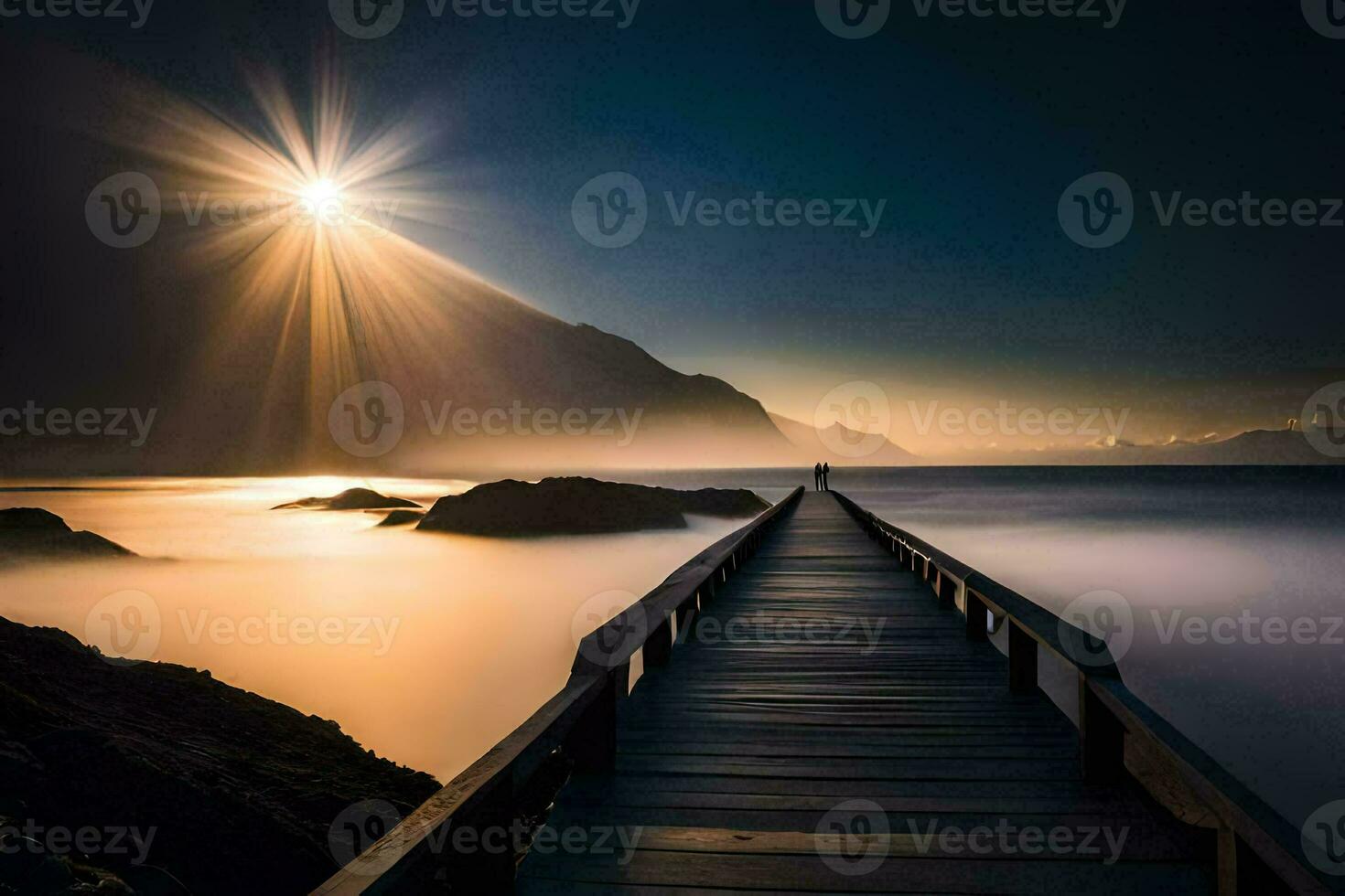 a wooden bridge leads to the ocean at sunset. AI-Generated photo