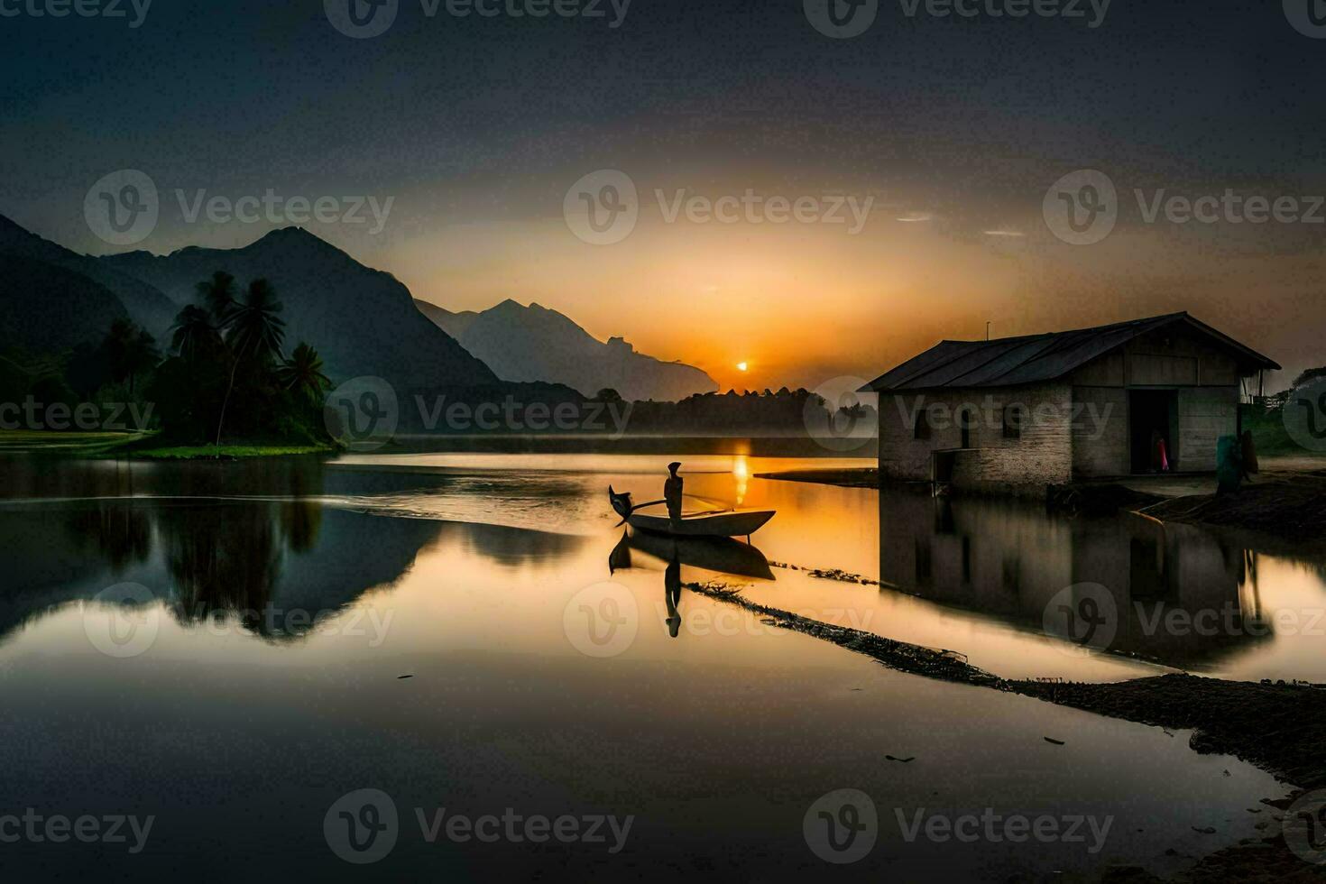 a man is fishing in the water at sunset. AI-Generated photo