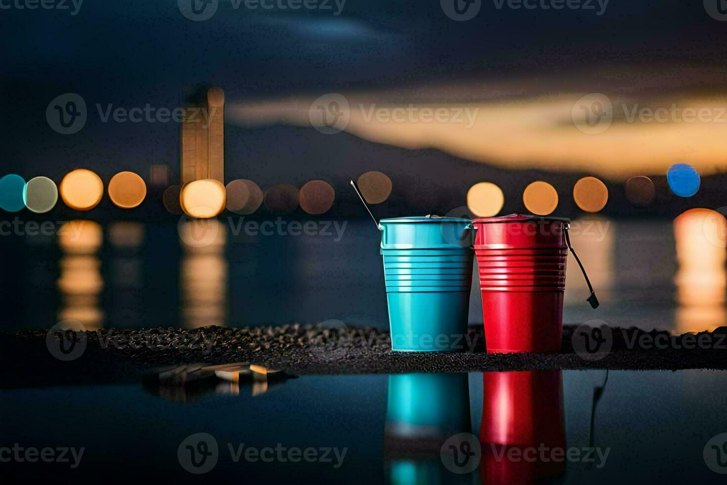 two red cups sit on the ground near the water. AI-Generated photo