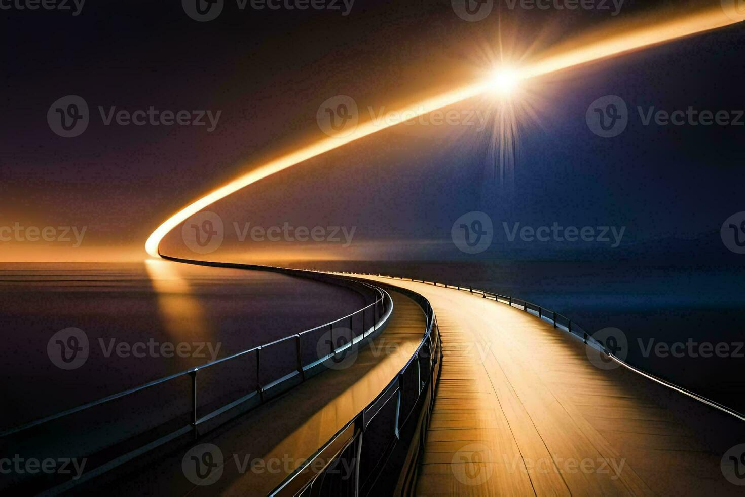 a long bridge with a bright light shining on it. AI-Generated photo