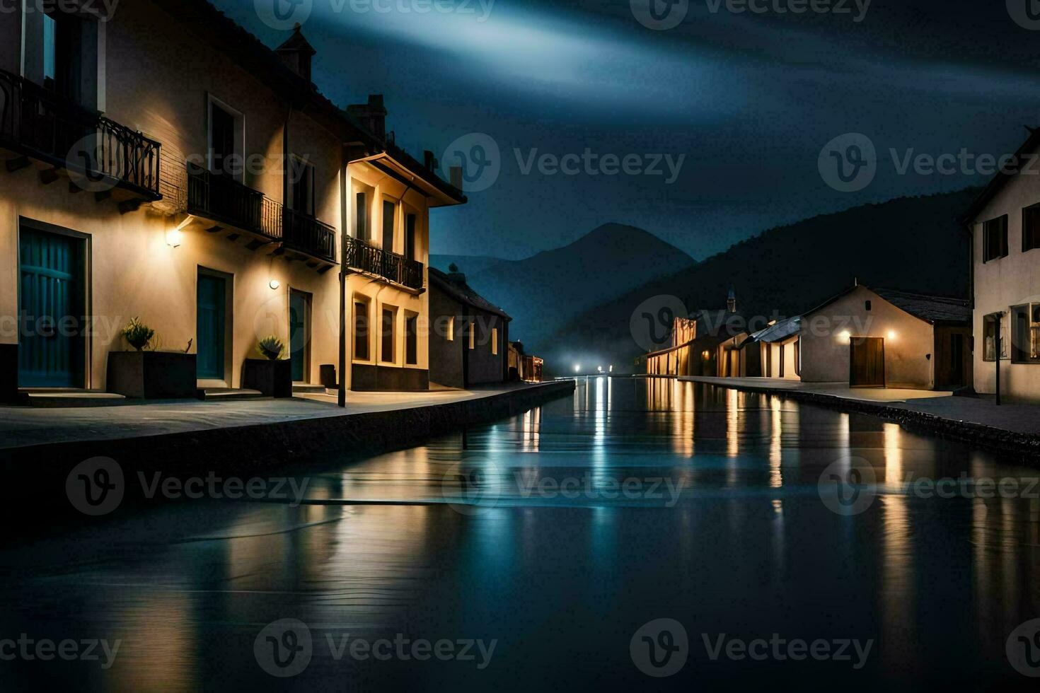 un canal en el medio de un pueblo a noche. generado por ai foto