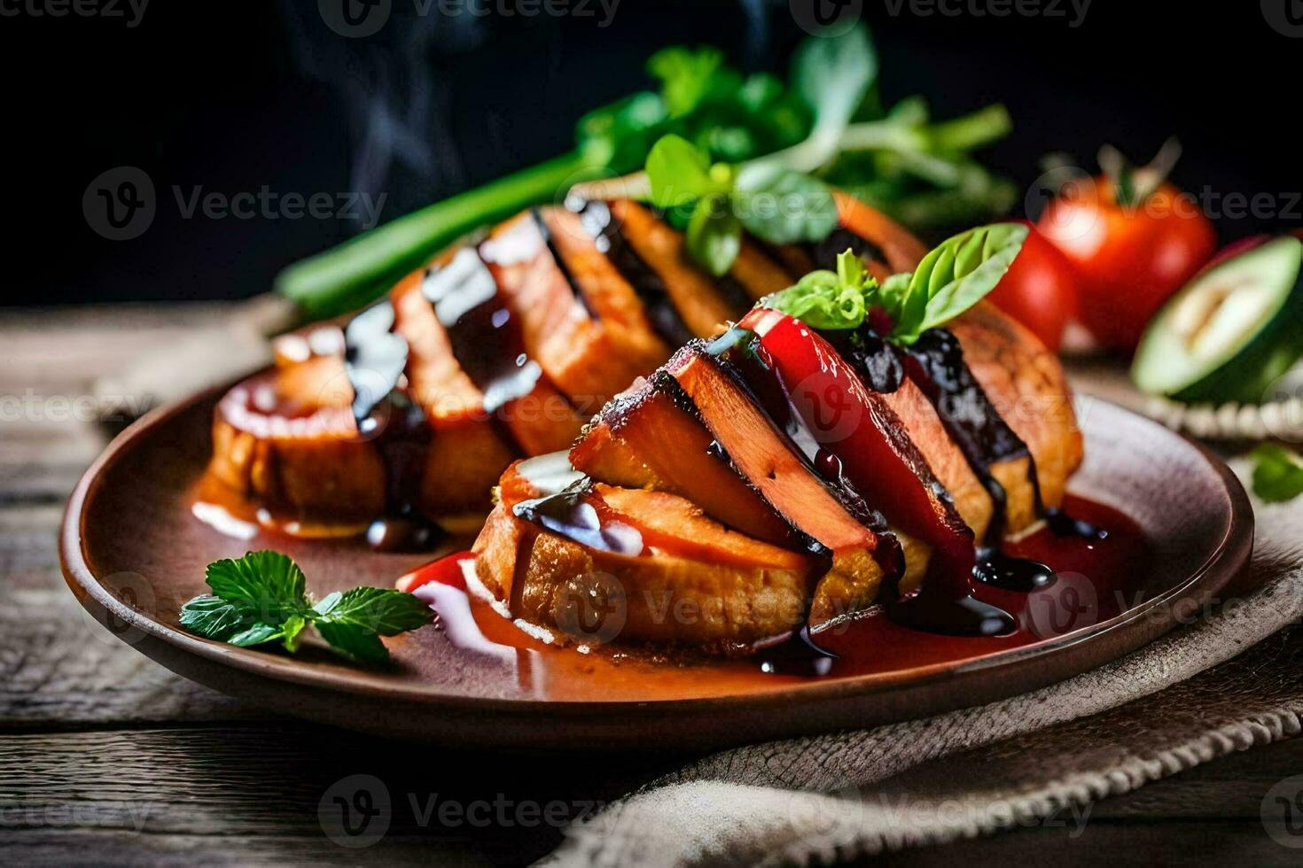 grilled bread with sauce and vegetables on a plate. AI-Generated photo