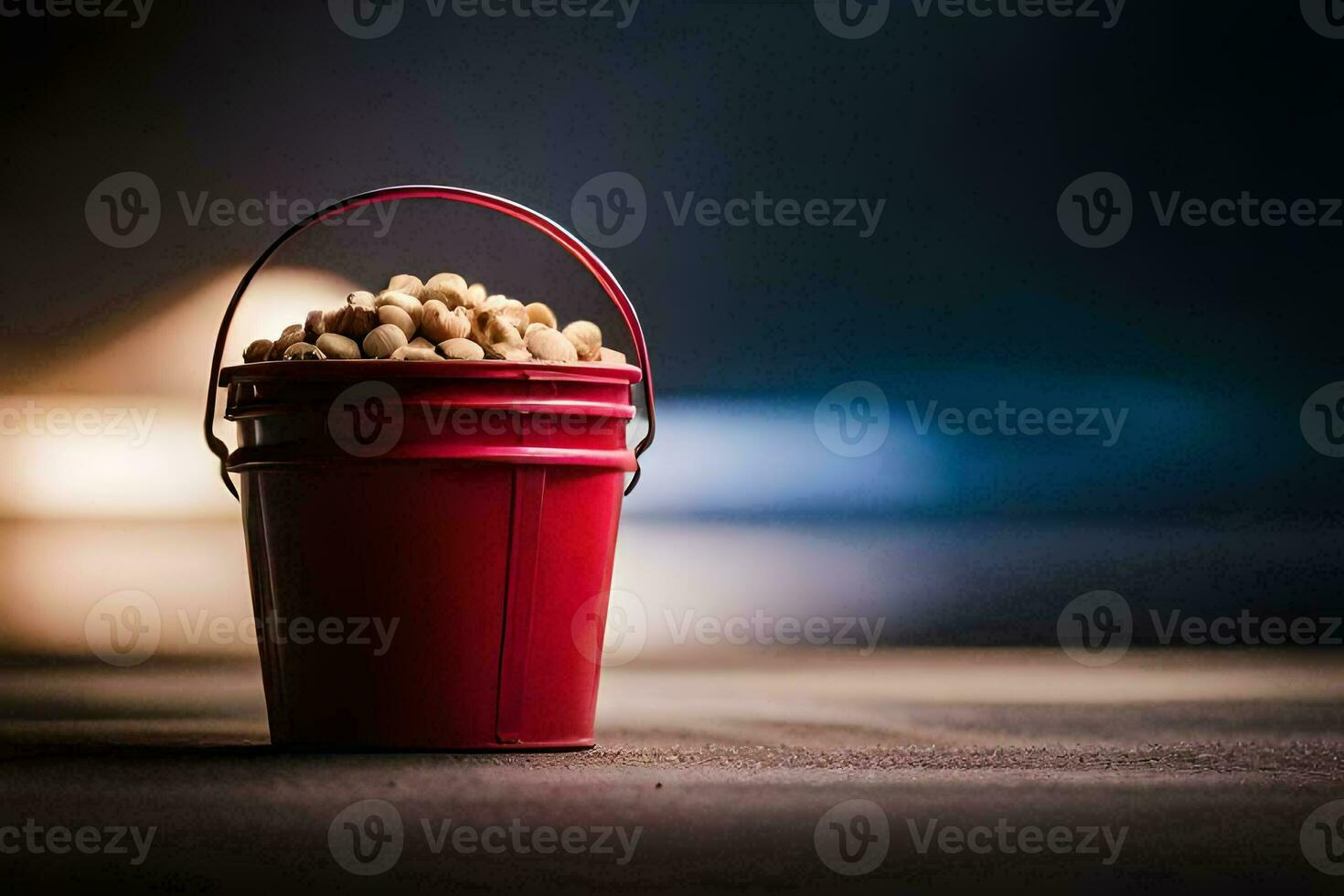 a red bucket filled with peanuts sitting on a table. AI-Generated photo