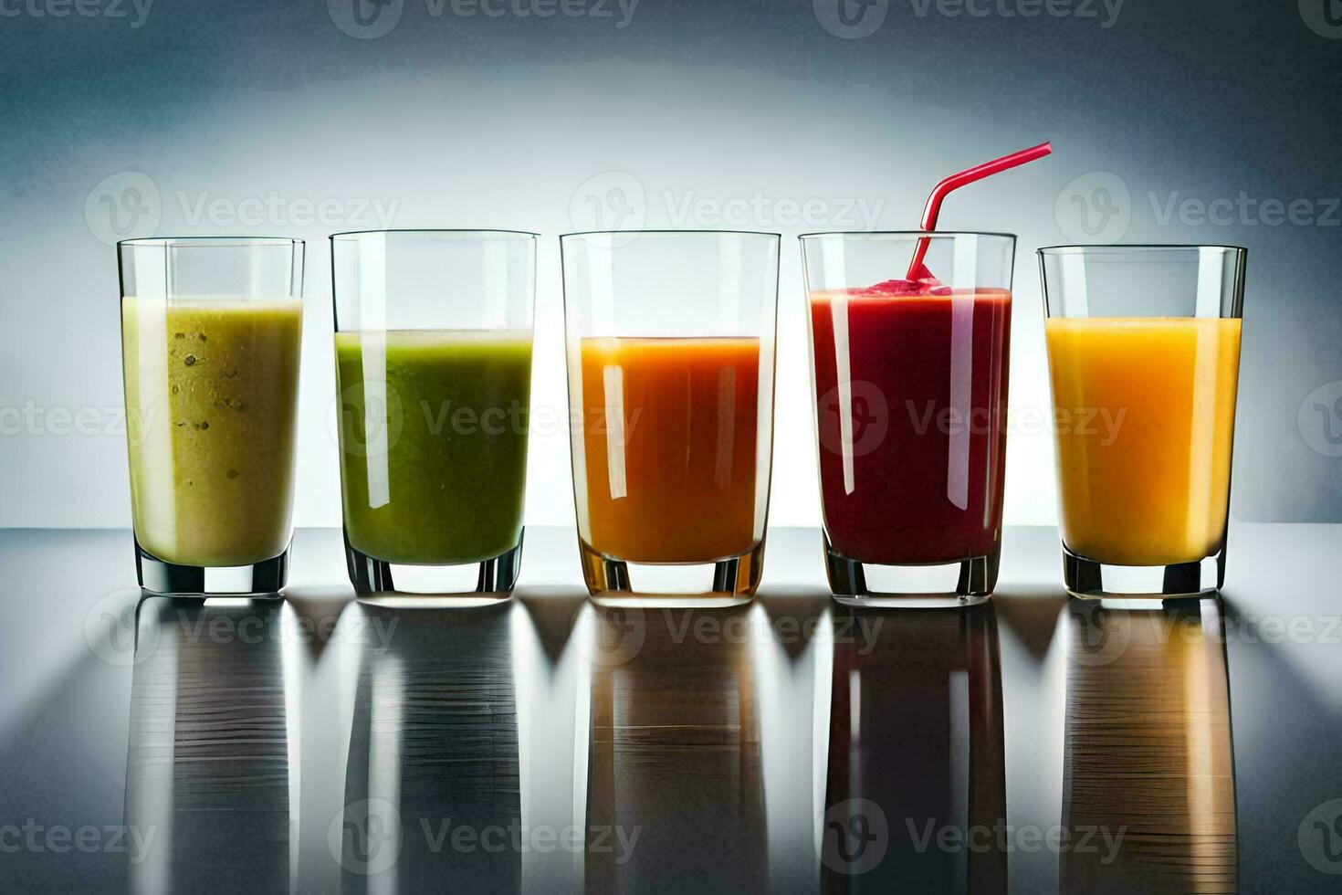 a row of different colored juices in glasses. AI-Generated photo