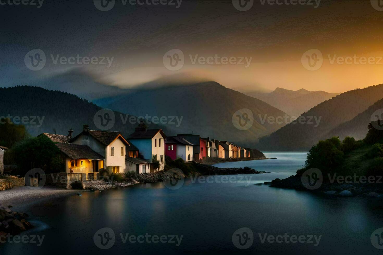 photo wallpaper the sky, mountains, water, houses, the sea, the sun, the mountains. AI-Generated