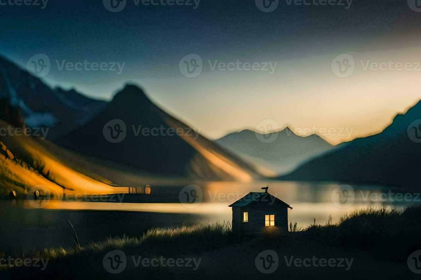 a small house sits on the edge of a lake at sunset. AI-Generated photo