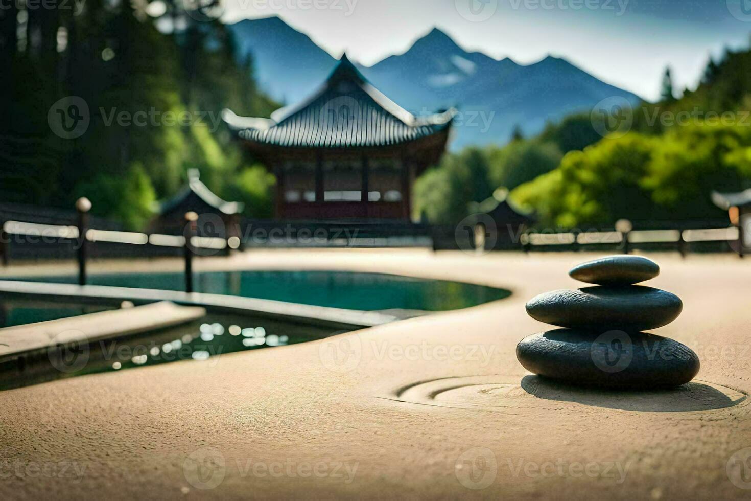 a stone pile sits in front of a pond with mountains in the background. AI-Generated photo