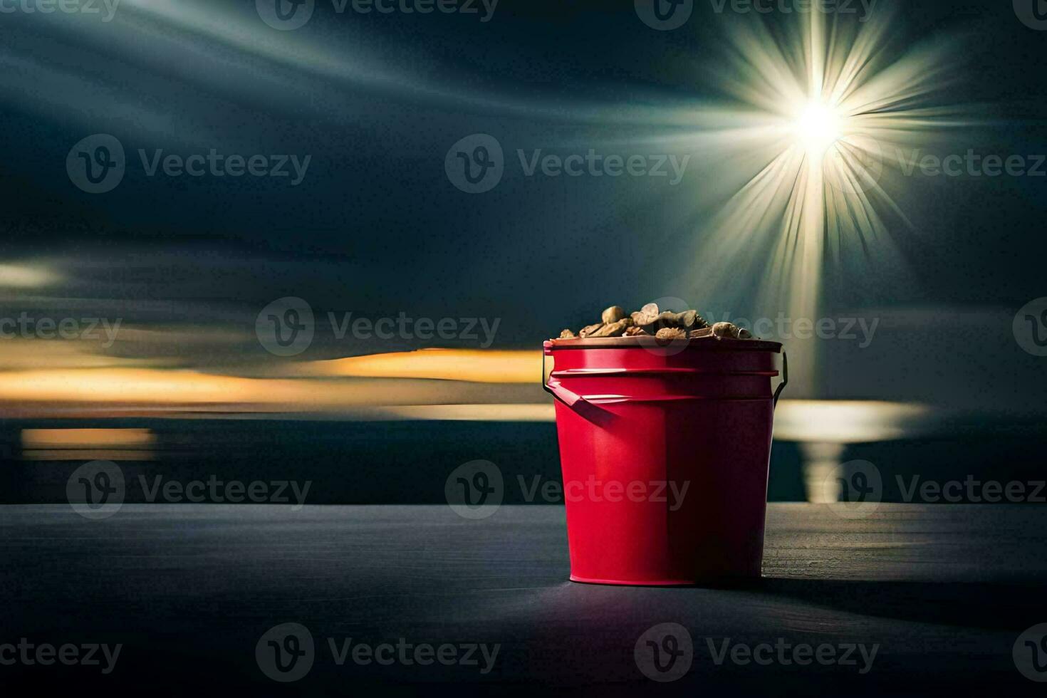 a red bucket with peanuts on the table in front of the ocean. AI-Generated photo