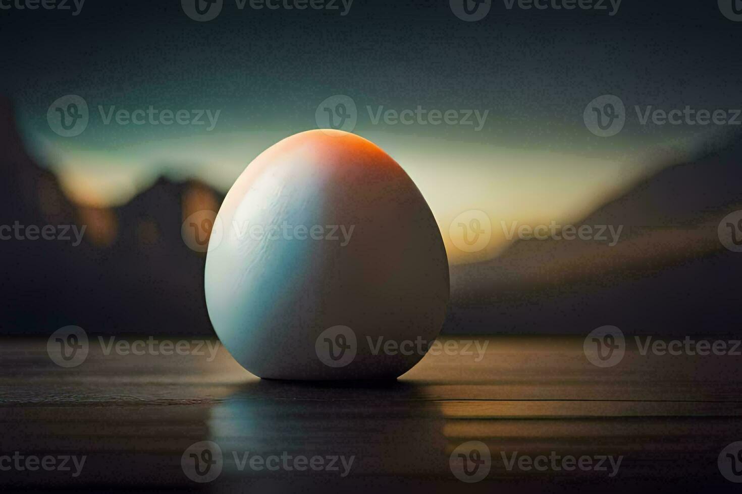 an egg sitting on a table with a sunset in the background. AI-Generated photo