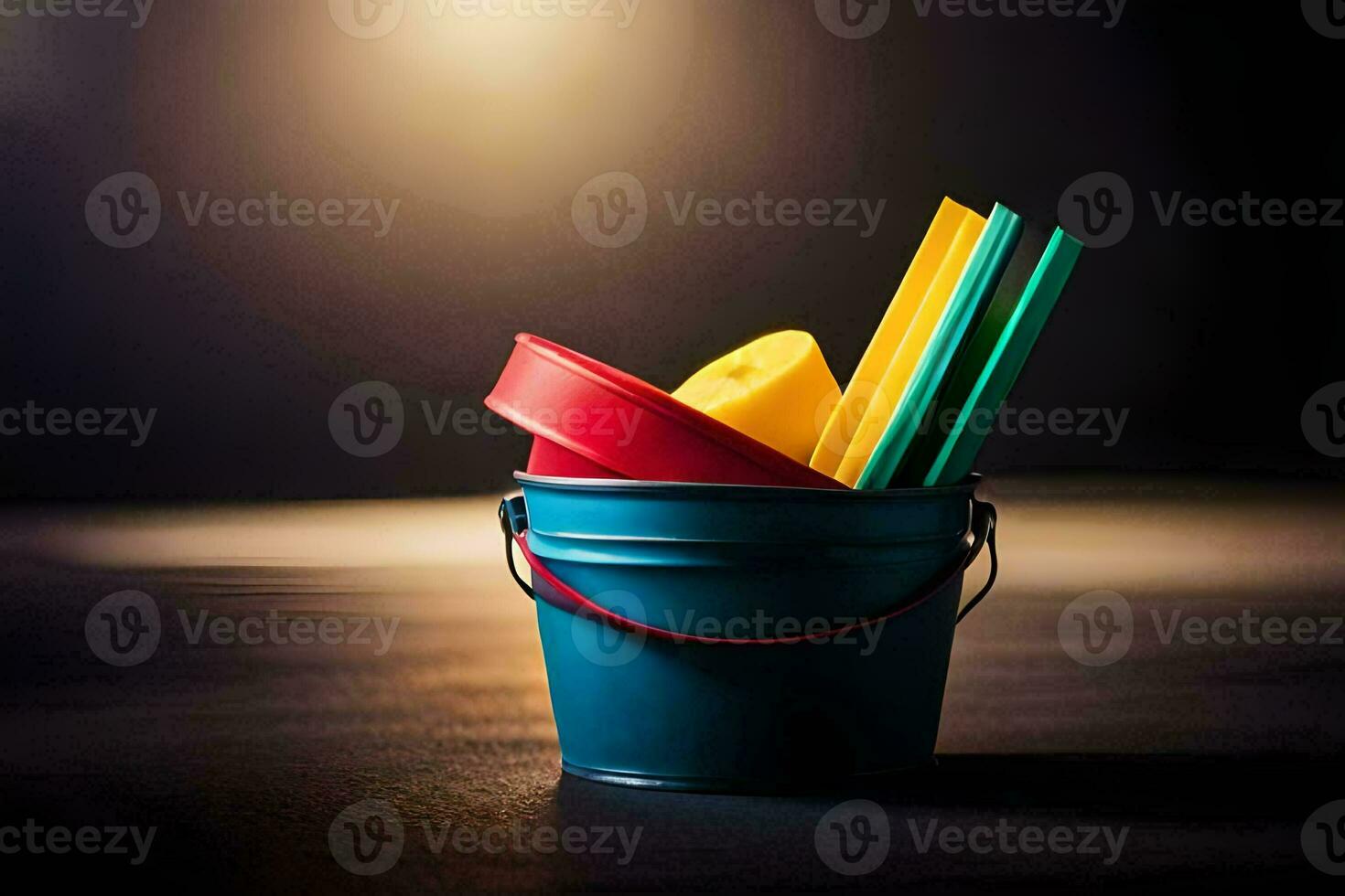 a bucket filled with colorful plastic toys. AI-Generated photo