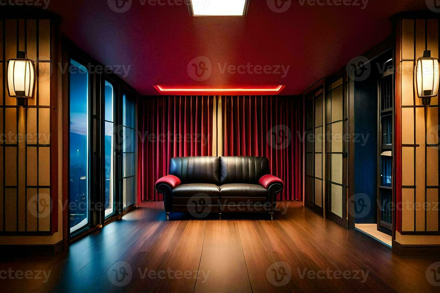 un habitación con un sofá y rojo Encendiendo. generado por ai foto