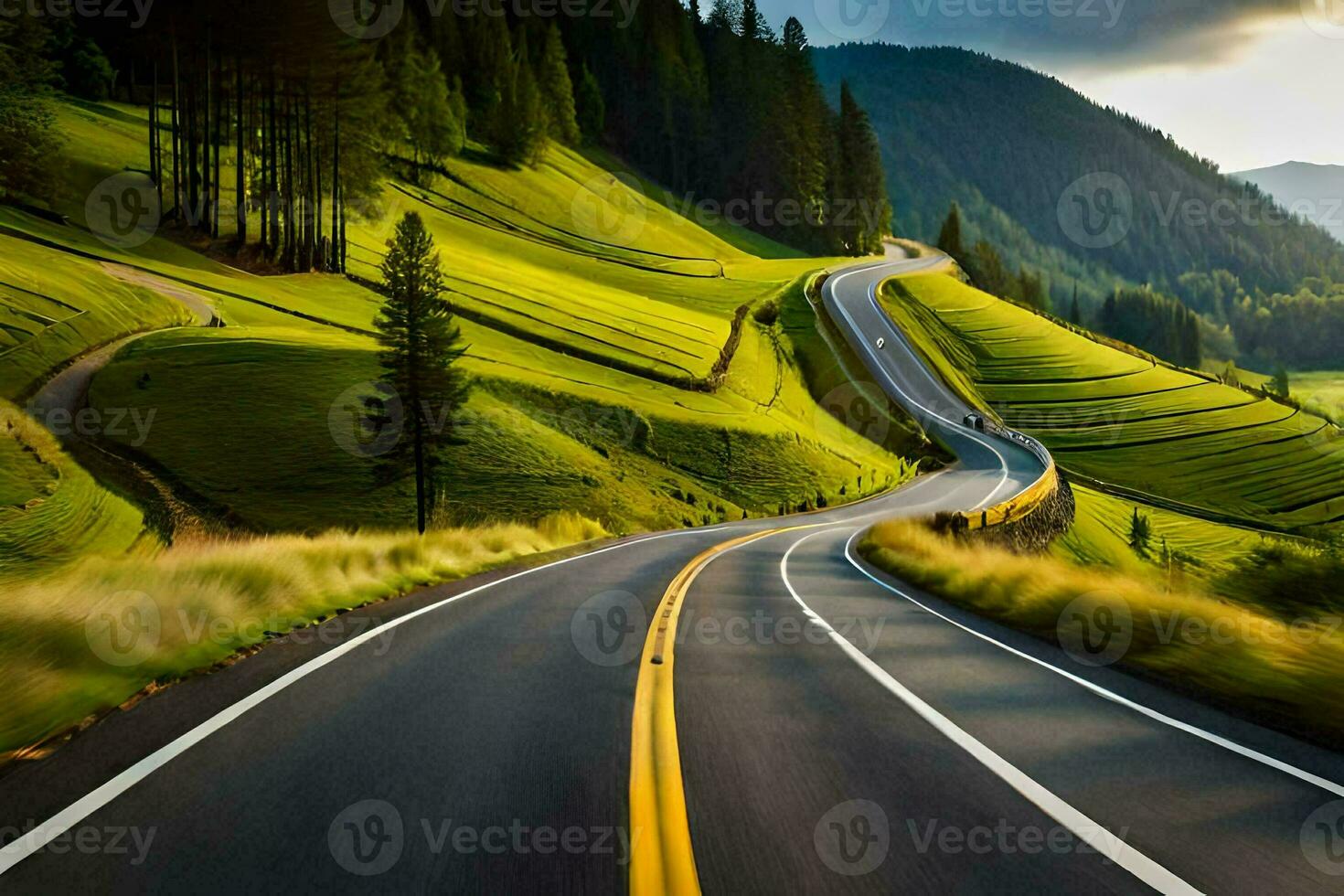 a road in the mountains with a green grassy field. AI-Generated photo