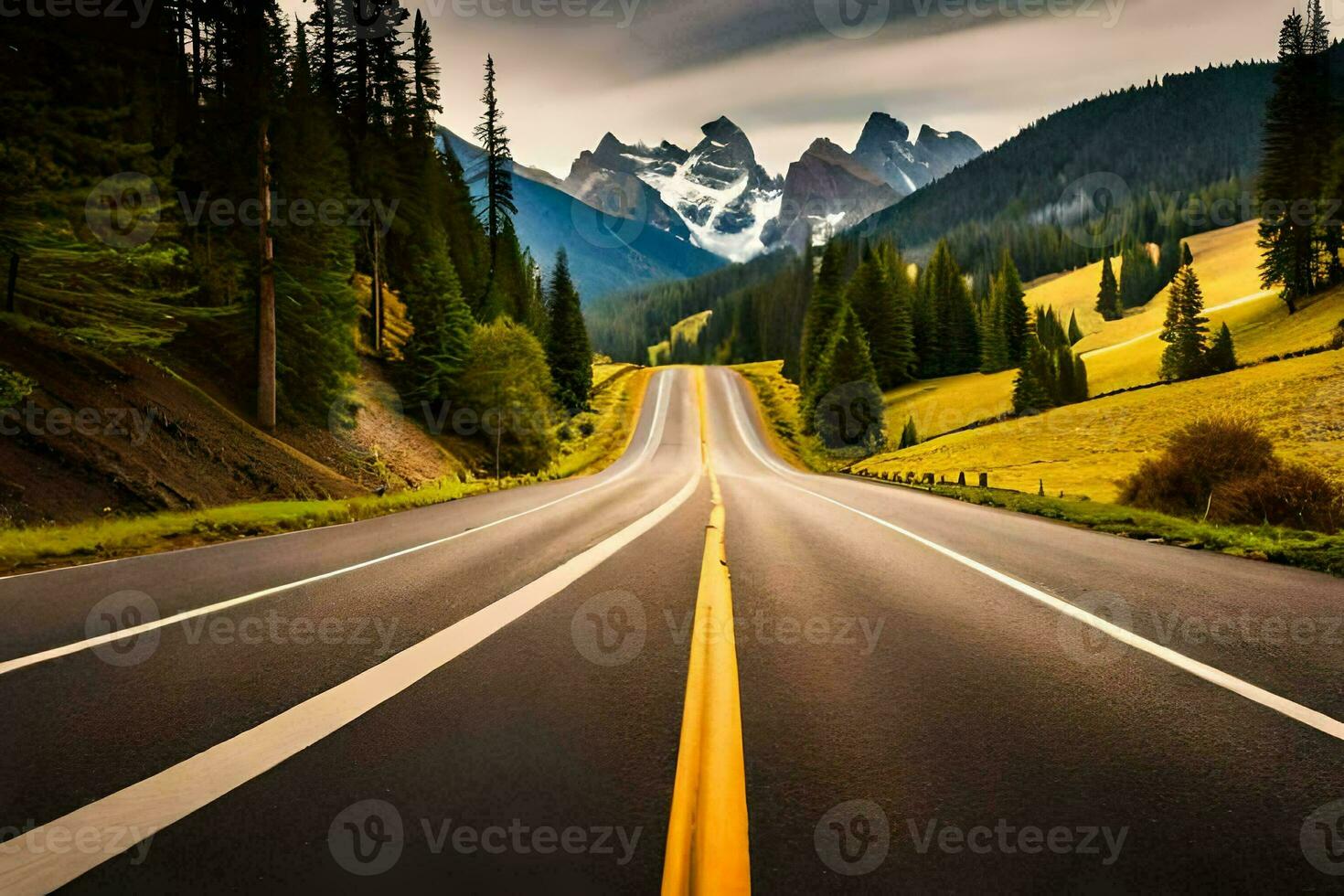 a road in the mountains with trees and mountains in the background. AI-Generated photo