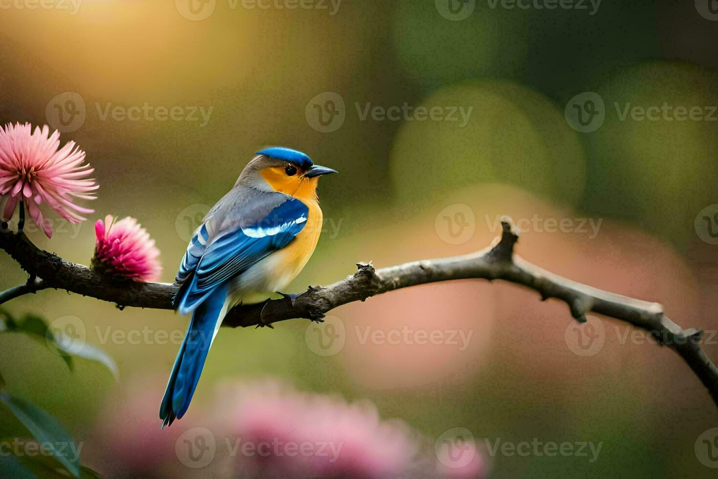 a blue and orange bird sits on a branch. AI-Generated photo