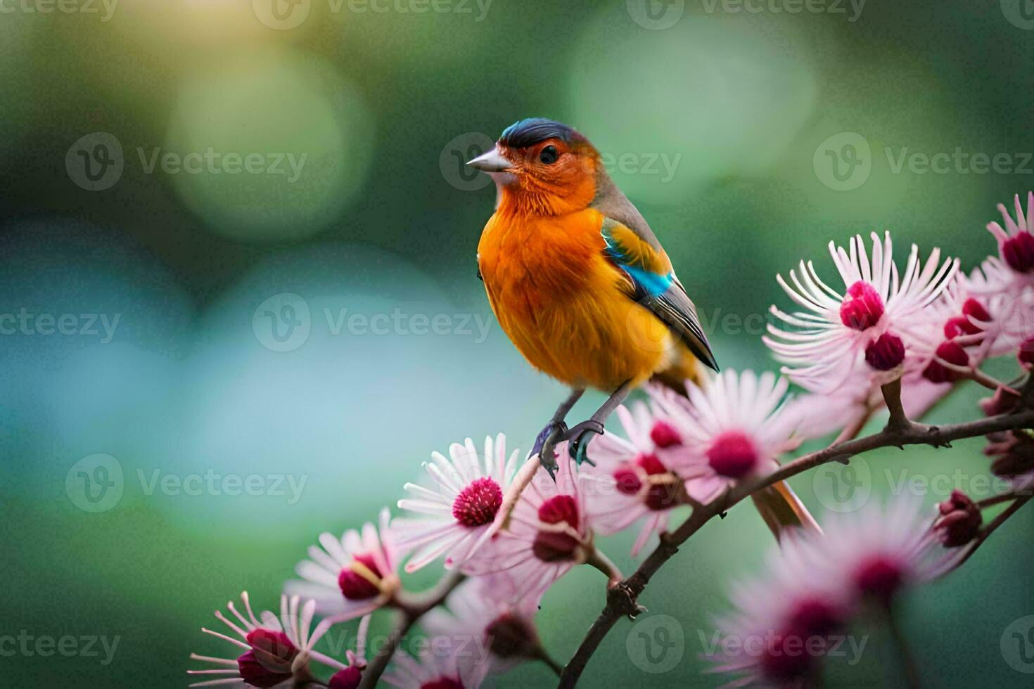 a colorful bird sits on a branch of a tree. AI-Generated photo