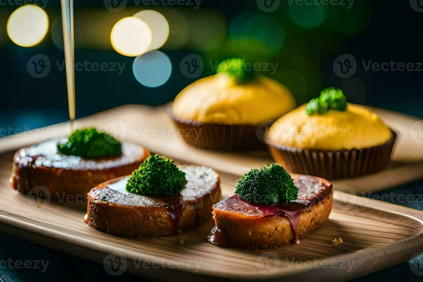 food on a wooden tray with broccoli and meat. AI-Generated photo