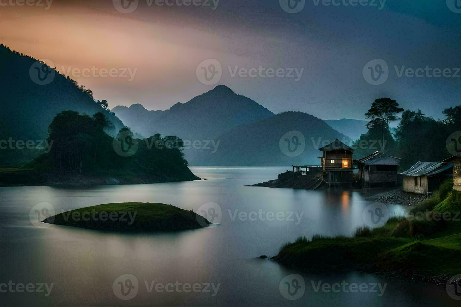 photo wallpaper the sky, mountains, water, house, the lake, the mountains, the lake. AI-Generated