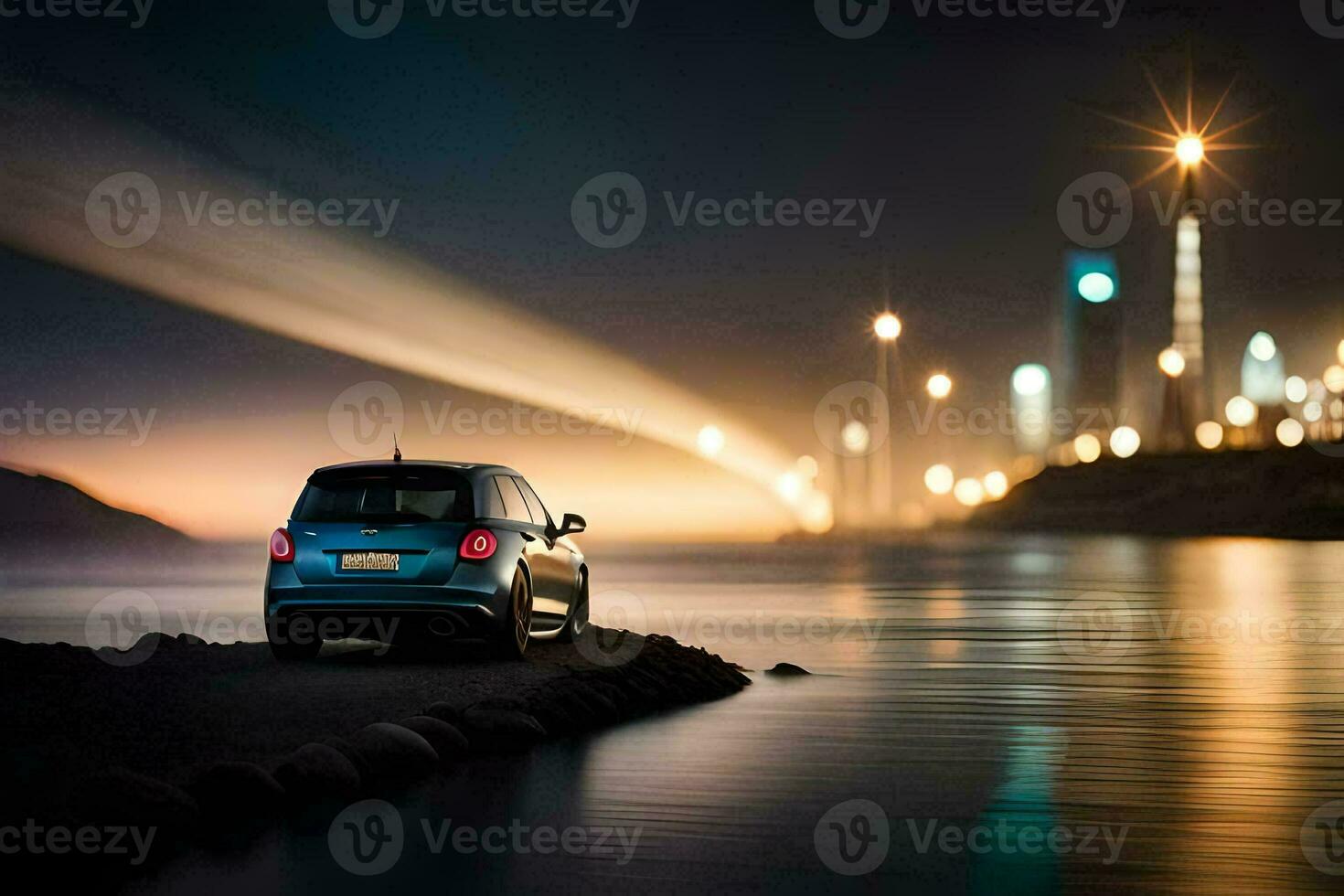 a car parked on the shore at night with lights in the background. AI-Generated photo