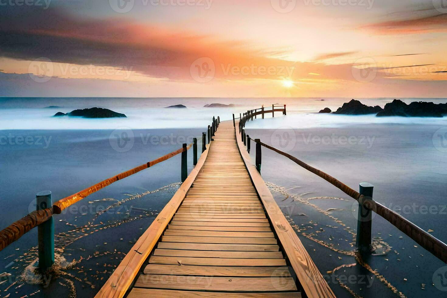 the boardwalk is a long wooden walkway that leads to the ocean. AI-Generated photo
