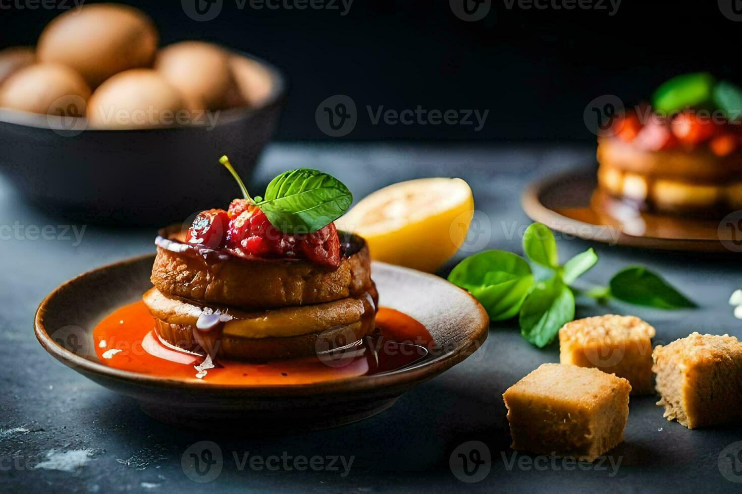 a dessert with strawberries and syrup on a plate. AI-Generated photo