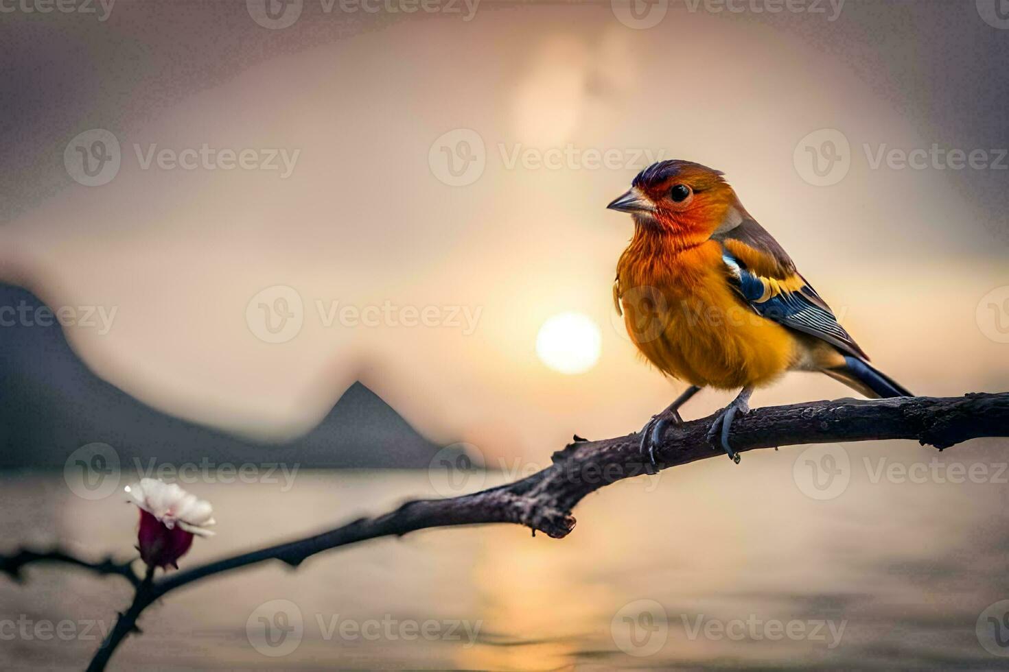 a colorful bird sits on a branch in front of the sunset. AI-Generated photo