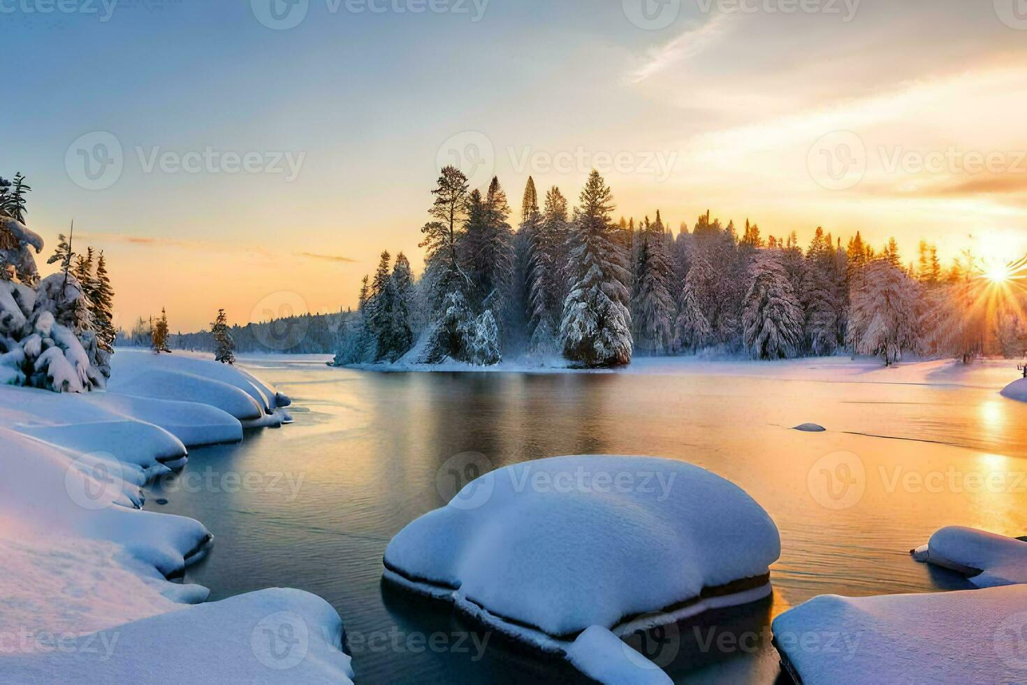 photo wallpaper the sky, snow, trees, river, sun, winter, trees, river,. AI-Generated
