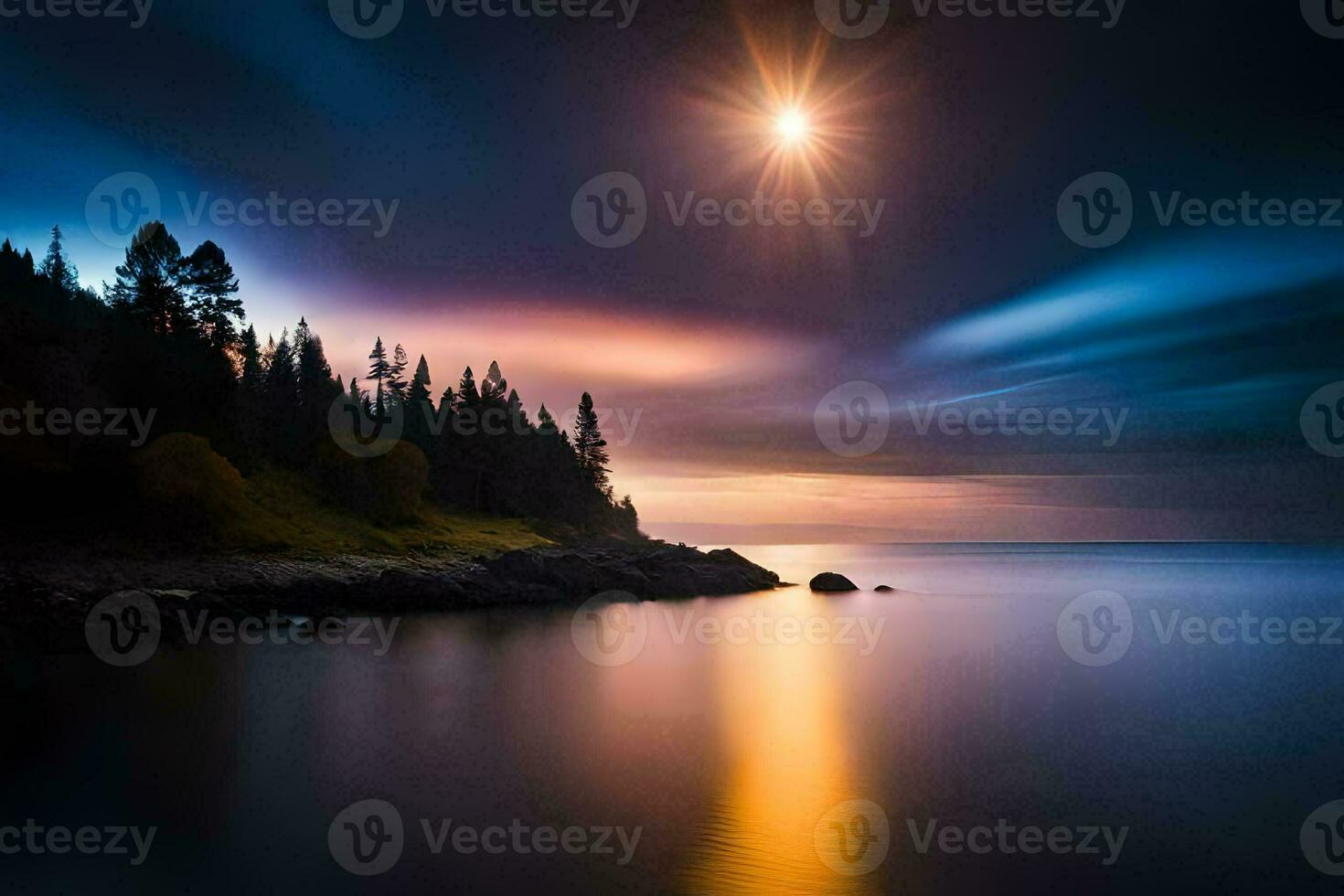 a beautiful sunset over the water with trees and a moon. AI-Generated photo