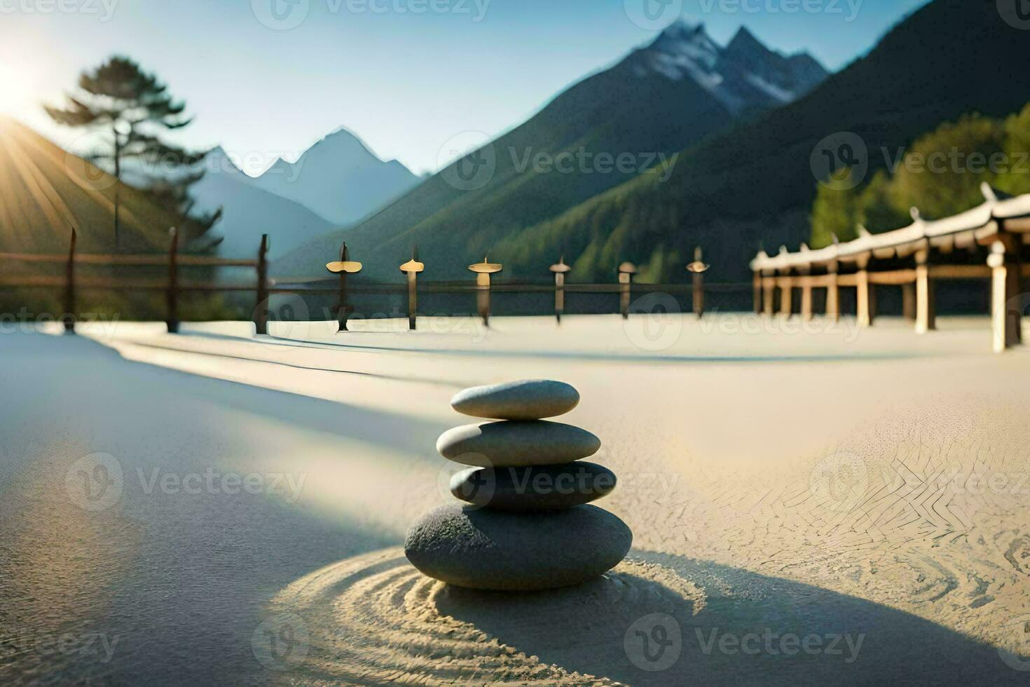 a zen garden in the mountains. AI-Generated photo