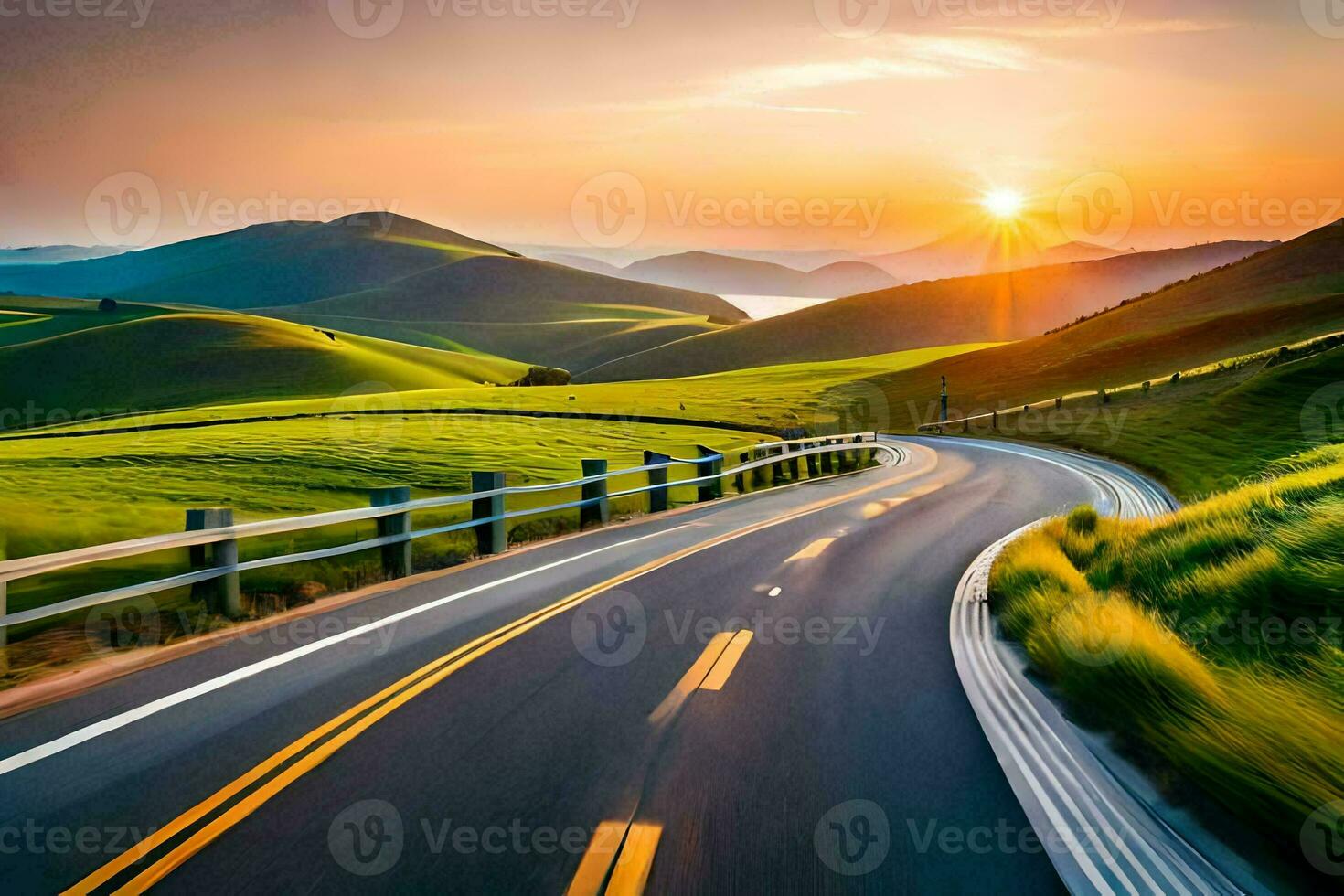 a road with the sun setting over the hills. AI-Generated photo
