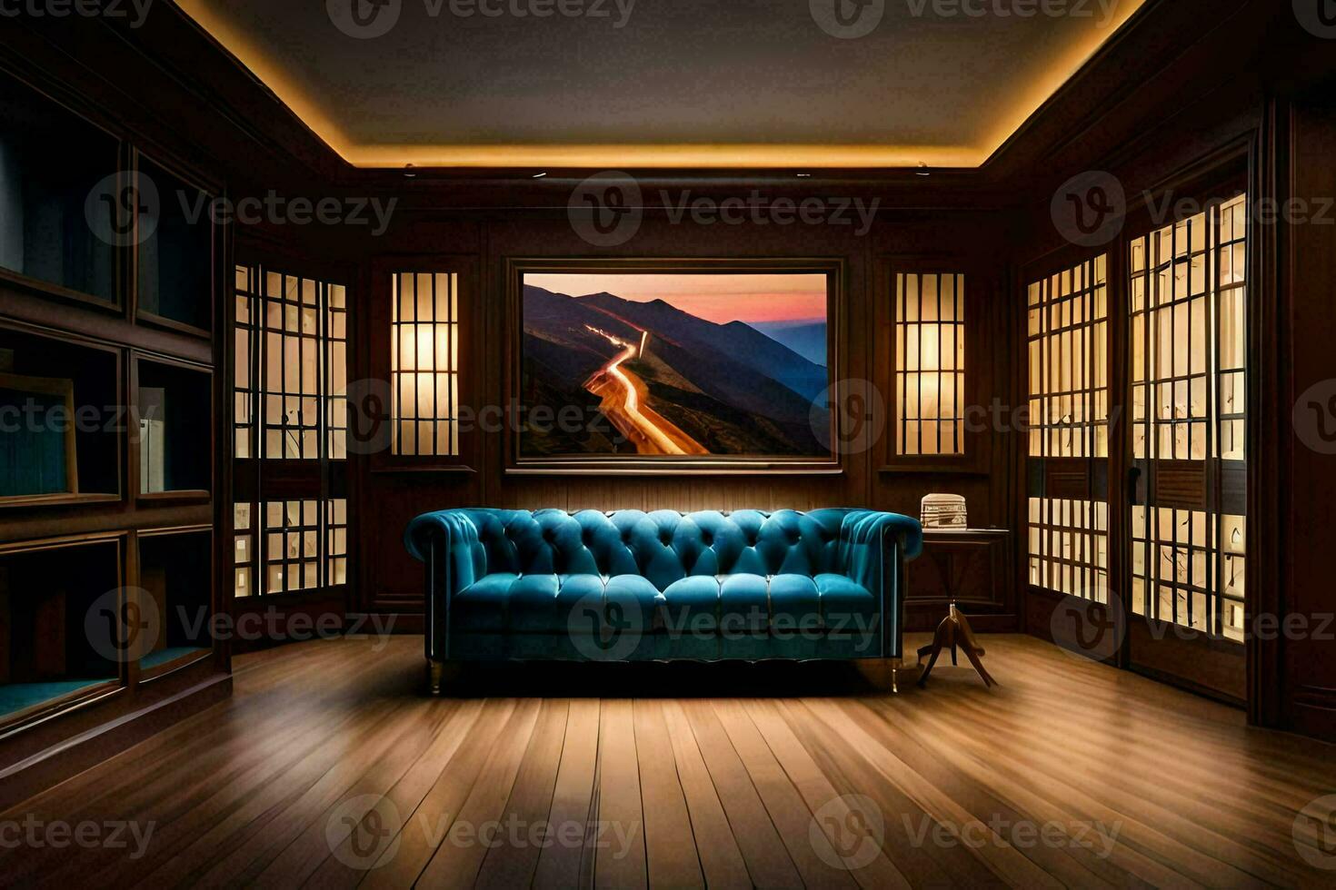 a blue couch in a room with wooden floors and windows. AI-Generated photo