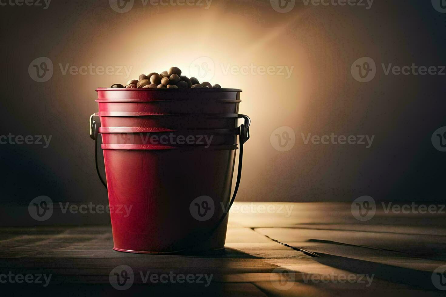 a red bucket filled with peanuts on a wooden table. AI-Generated photo