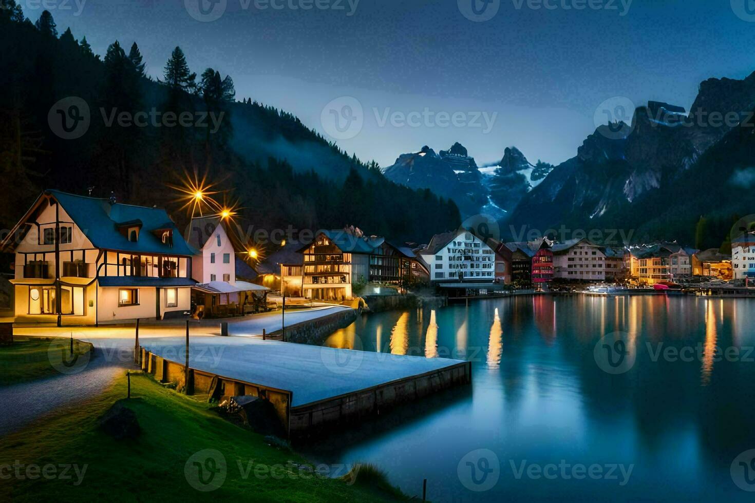 photo wallpaper the sky, mountains, lake, house, the night, the mountains, the lake. AI-Generated