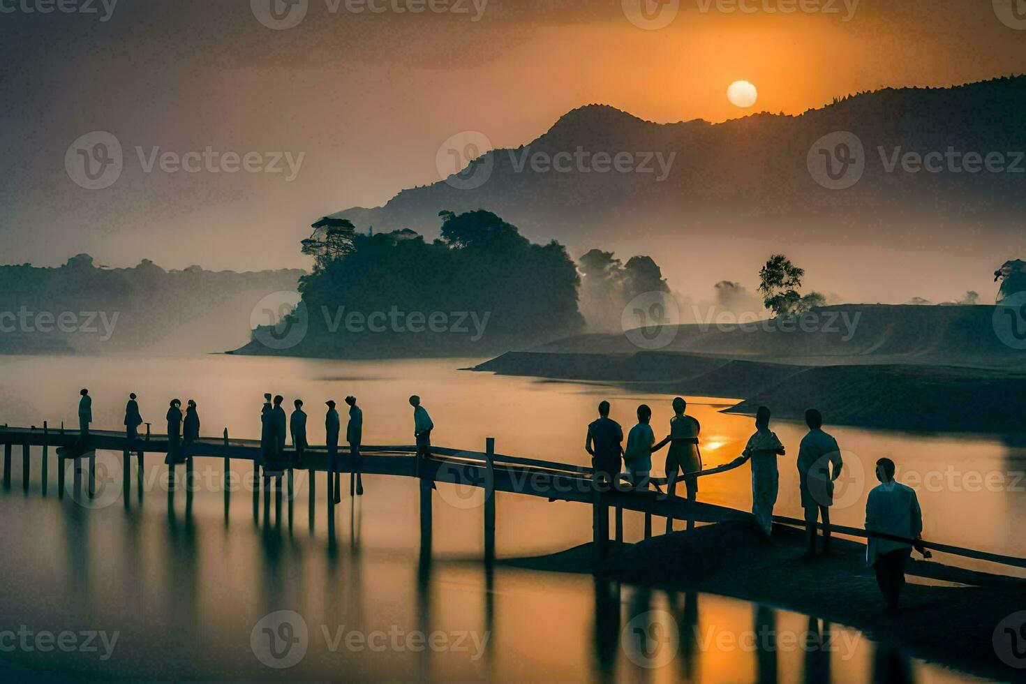 people standing on a wooden bridge at sunrise. AI-Generated photo