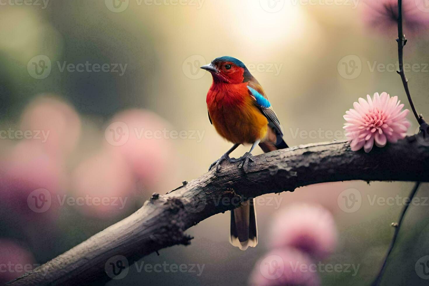 a colorful bird sits on a branch with pink flowers. AI-Generated photo