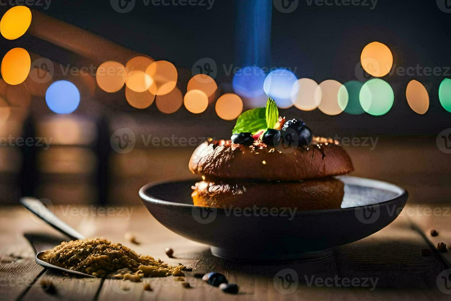 a plate of doughnuts with berries and sugar on a wooden table. AI-Generated photo