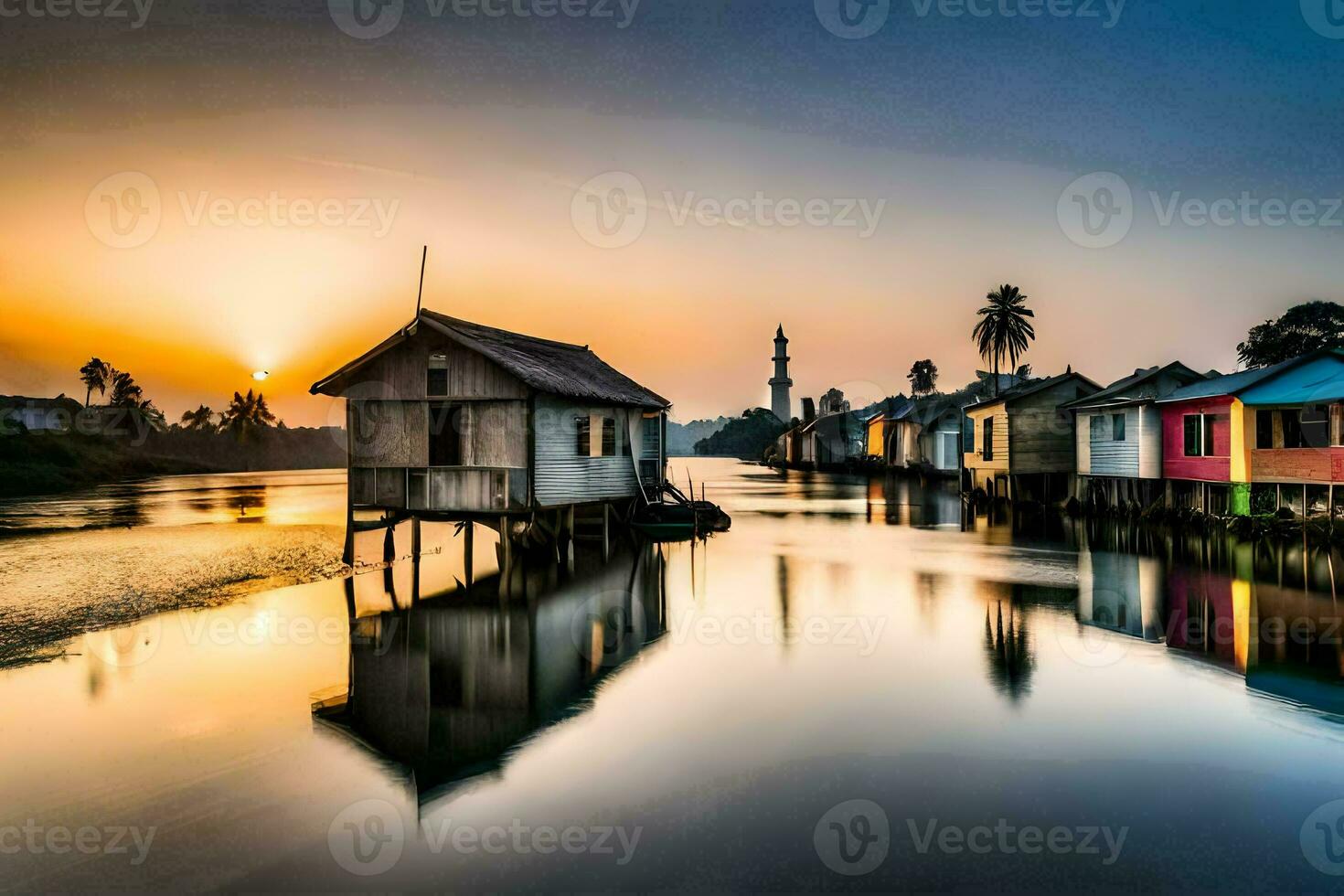 un río con casas en zancos a puesta de sol. generado por ai foto