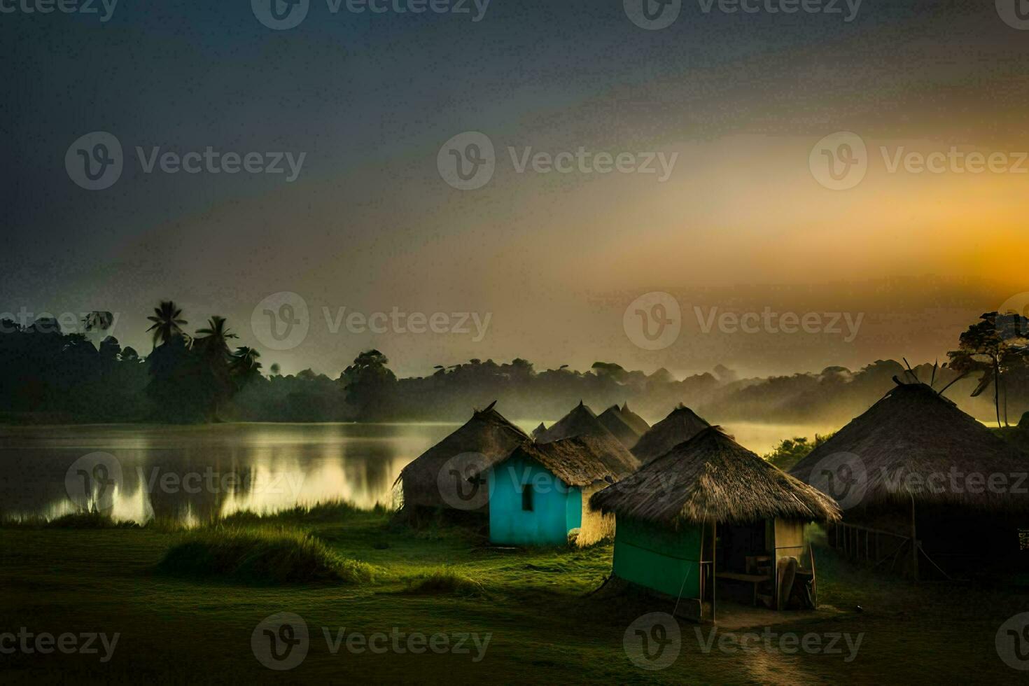 el amanecer terminado el lago. generado por ai foto