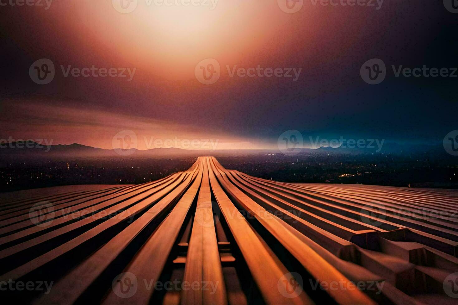 the sun is setting over a long wooden bridge. AI-Generated photo