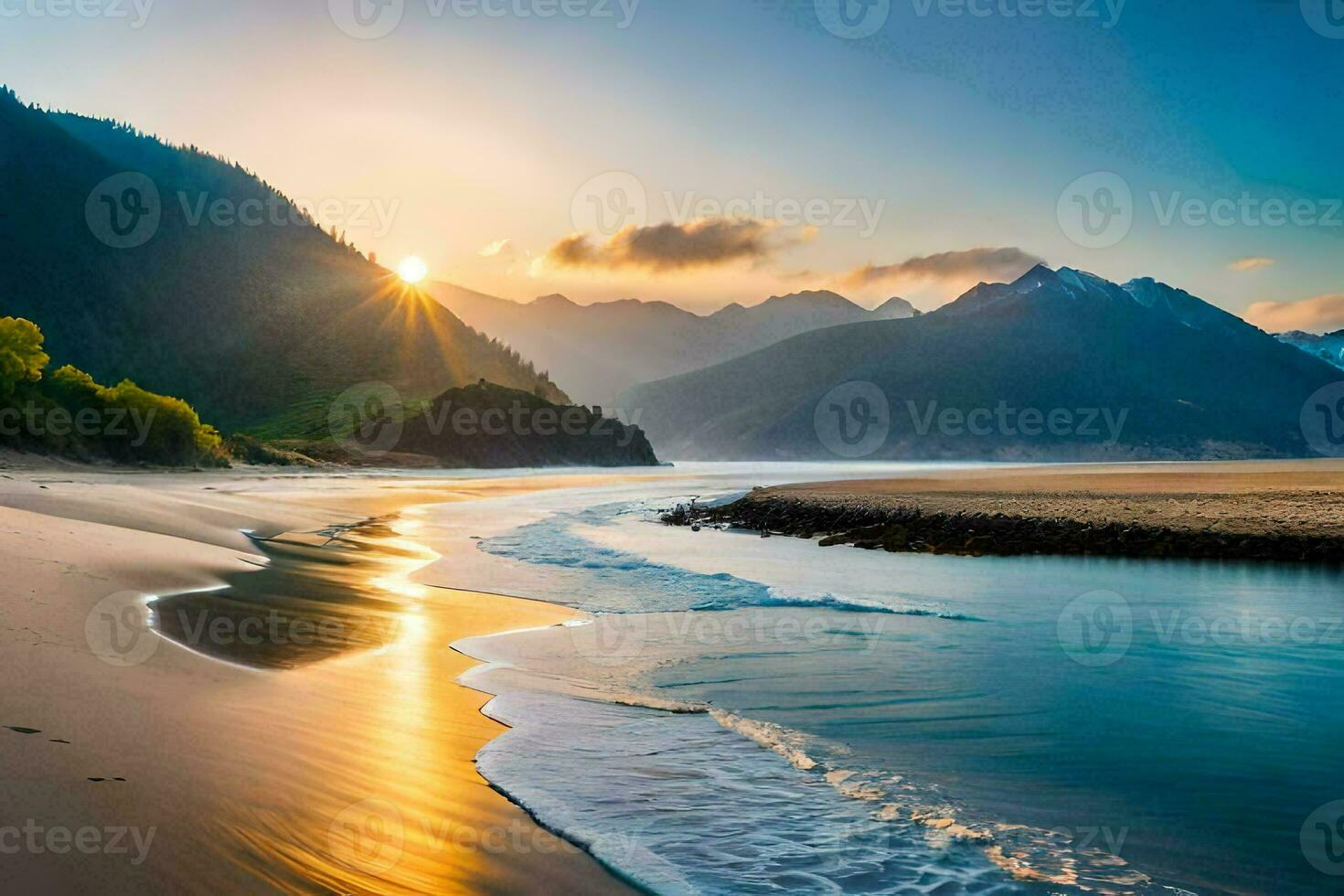 the sun rises over the ocean and mountains in this beautiful photo. AI-Generated photo