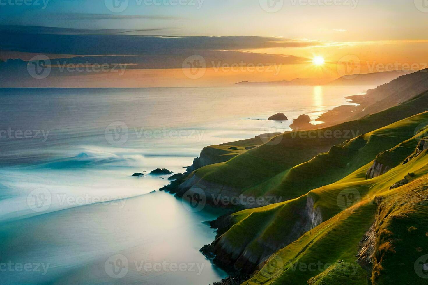 the sun sets over the ocean and grassy hills. AI-Generated photo