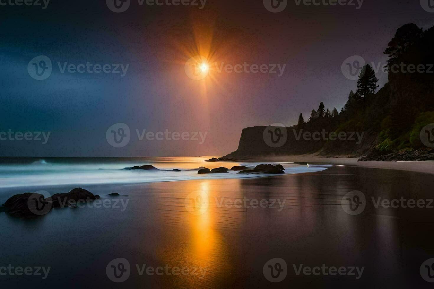 the moon shines brightly over the ocean at night. AI-Generated photo