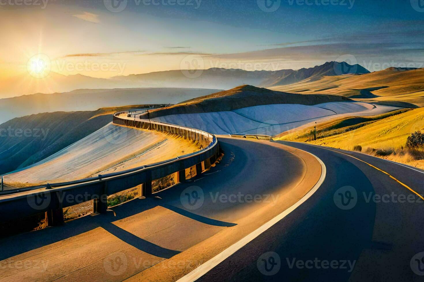 the sun sets over a winding road in the mountains. AI-Generated photo