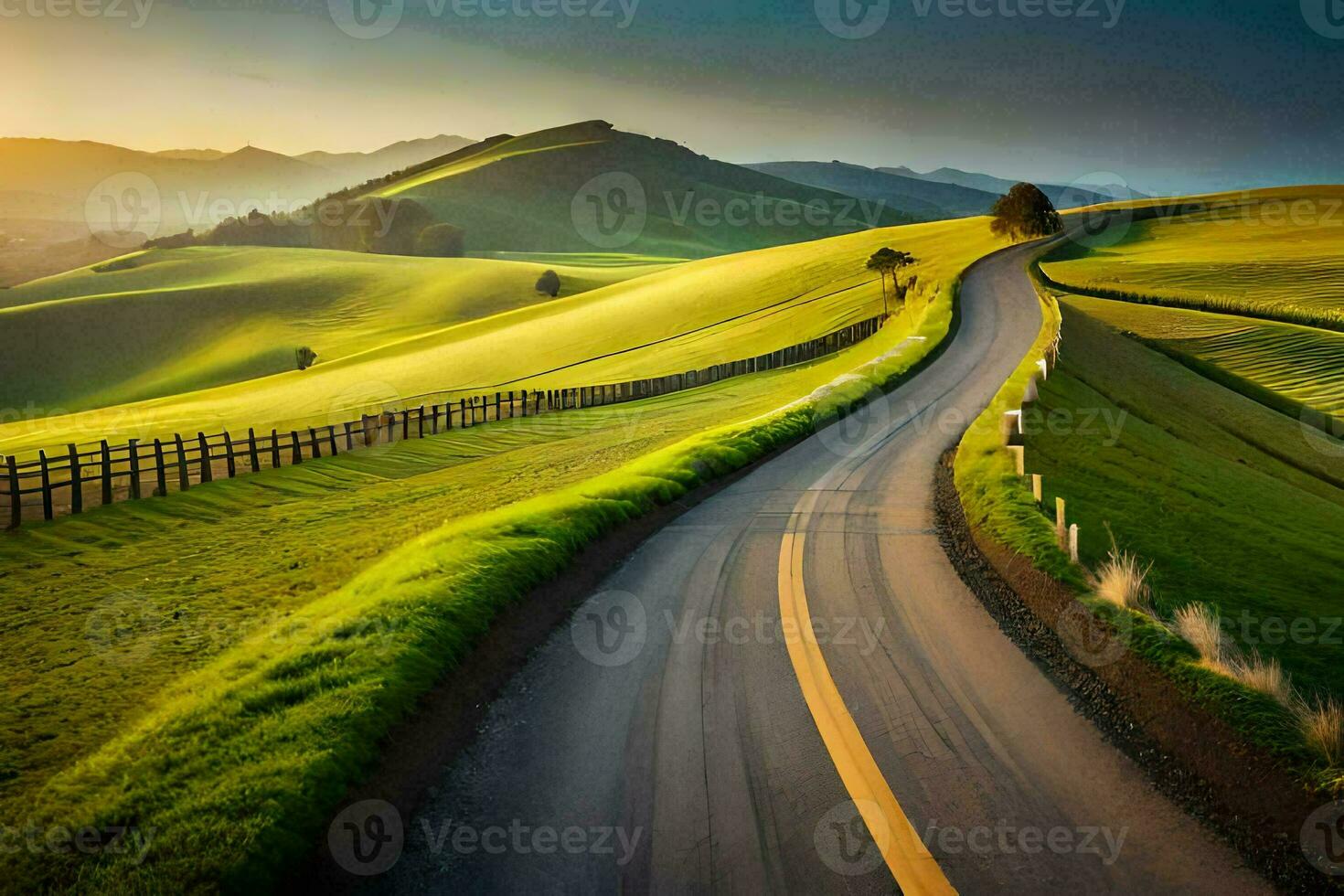 the road to the sunset. AI-Generated photo