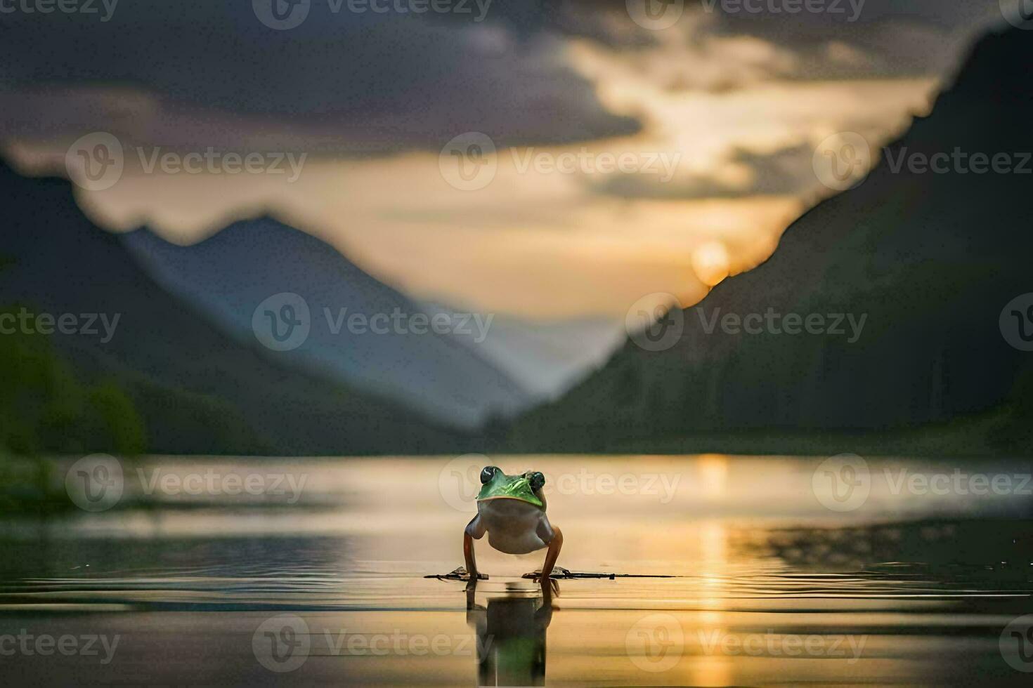 a frog standing on the edge of a lake at sunset. AI-Generated photo