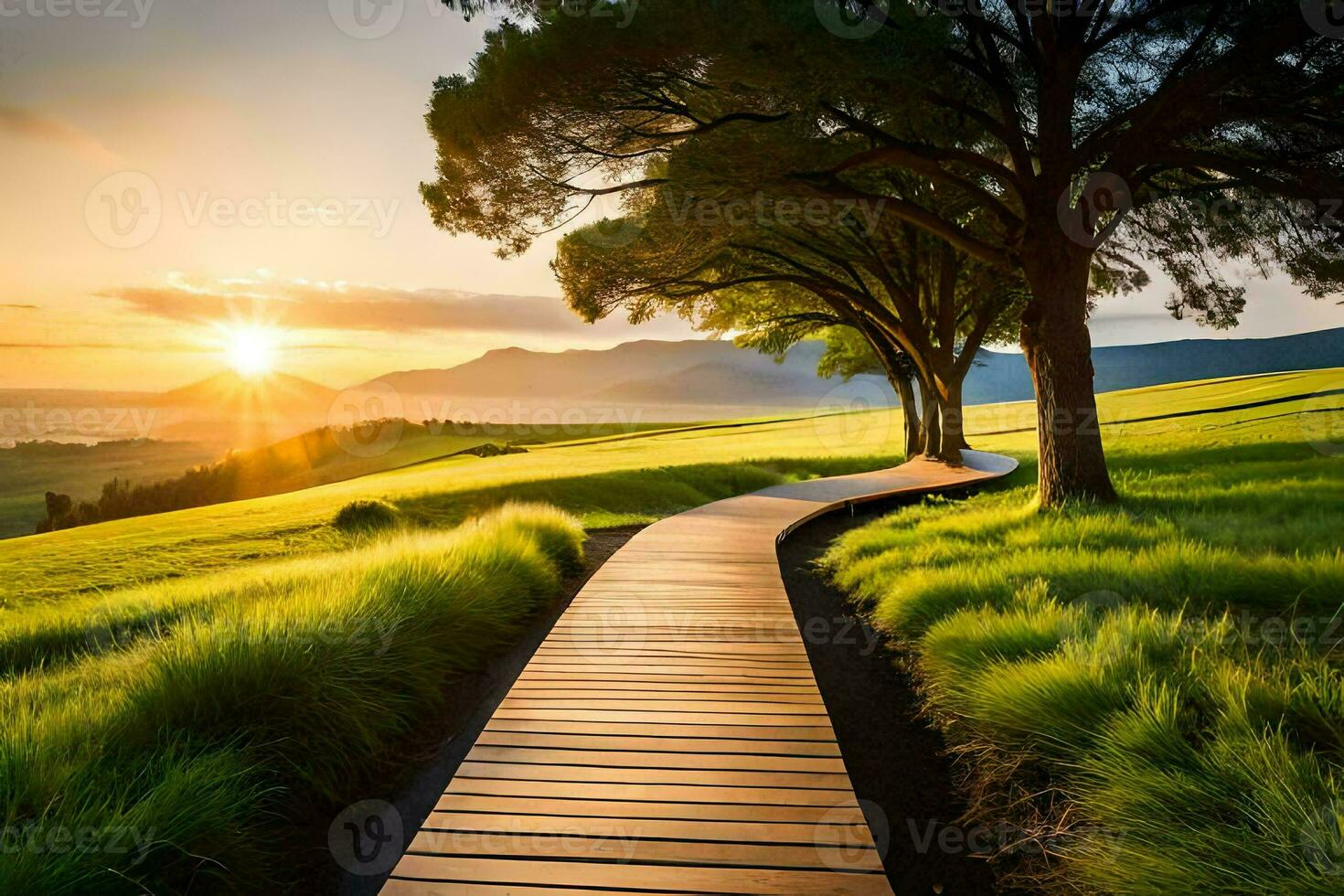 wooden path in the sunset. AI-Generated photo