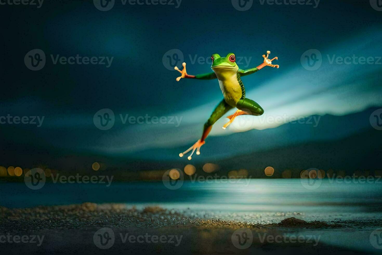 a frog jumping in the air at night. AI-Generated photo