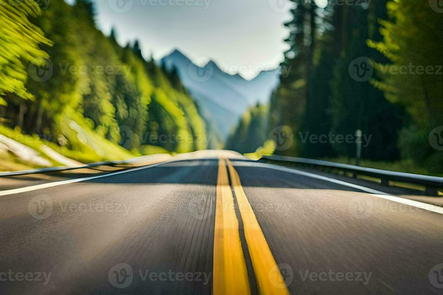 a blurry image of a road with trees and mountains in the background. AI-Generated photo